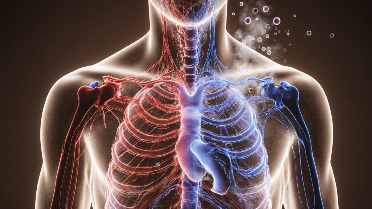 Glowing nervous system transitioning from stress to calm within a human torso.
