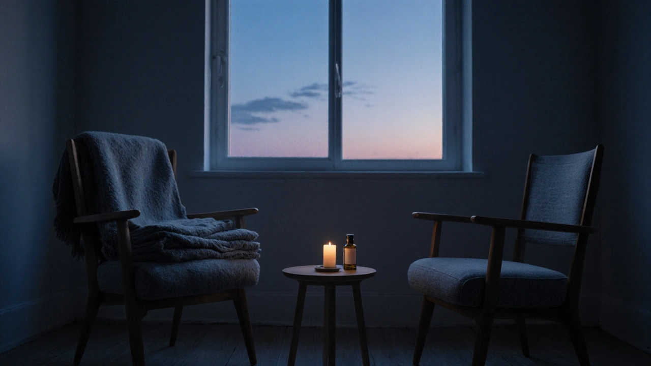 Prázdné křeslo s olejem a plátnem, jediná svíčka hoří, večerní tma za oknem — ticho po spojení.