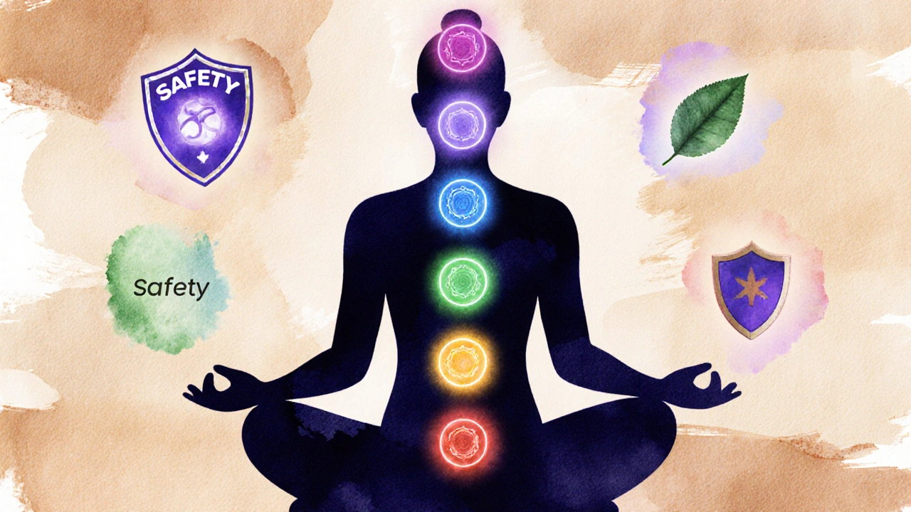 Silhouette v meditaci se zářícími čakrami a symboly bezpečnosti a přírody.