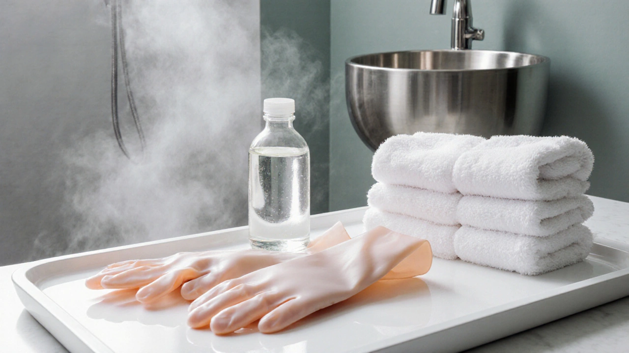 Uzavřené latexové rukavice, kokosový olej a jednorázové ručníky připravené v čistém prostředí.