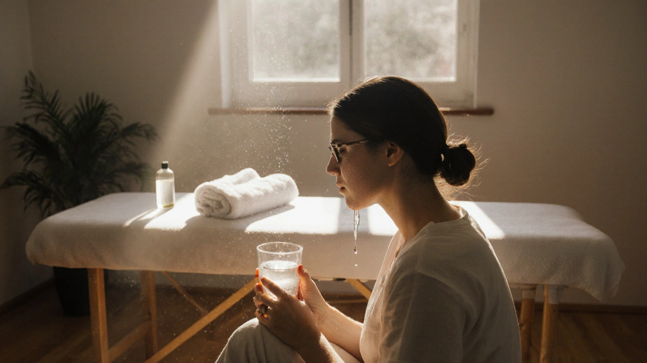 Žena po tantrické masáži sedí tichá, s slzami a šálkem vody v ruce.