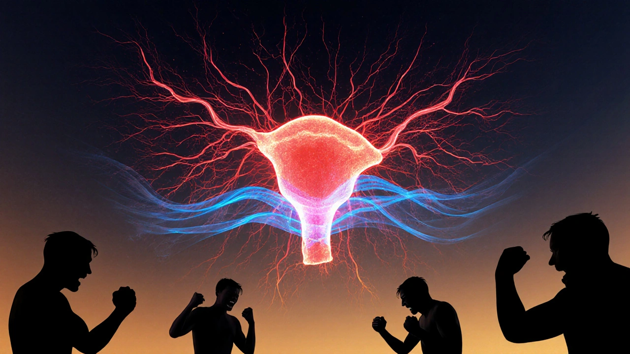 Abstraktní znázornění pánve, kde napětí mizí v zlatých vlnách neurochemikálií.