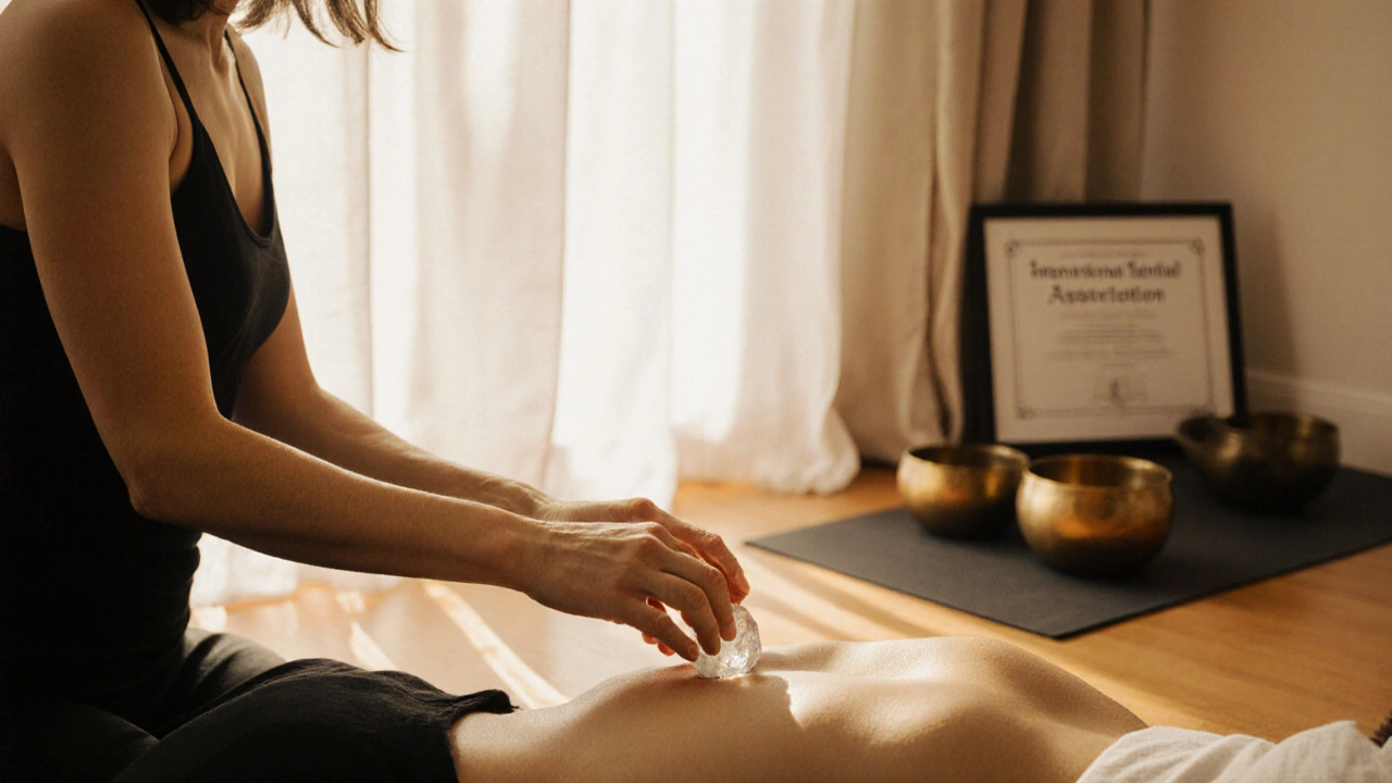 Certifikovaný terapeut jemně umisťuje kámen na břicho během terapeutické seance bez erotického kontaktu.