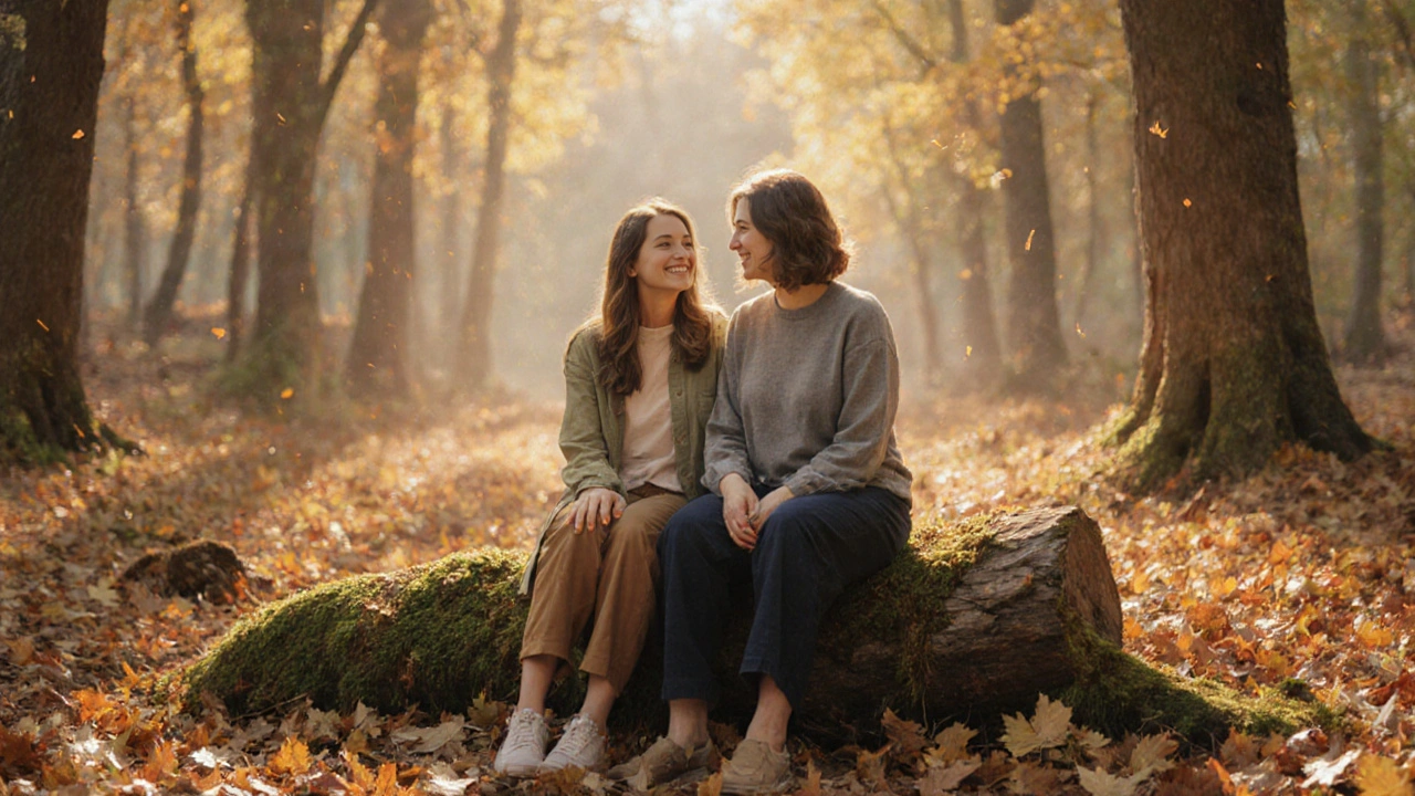 Klient a učitel v klidu v lesním prostředí po tantrickém sezení, zatímco listy padají kolem nich.