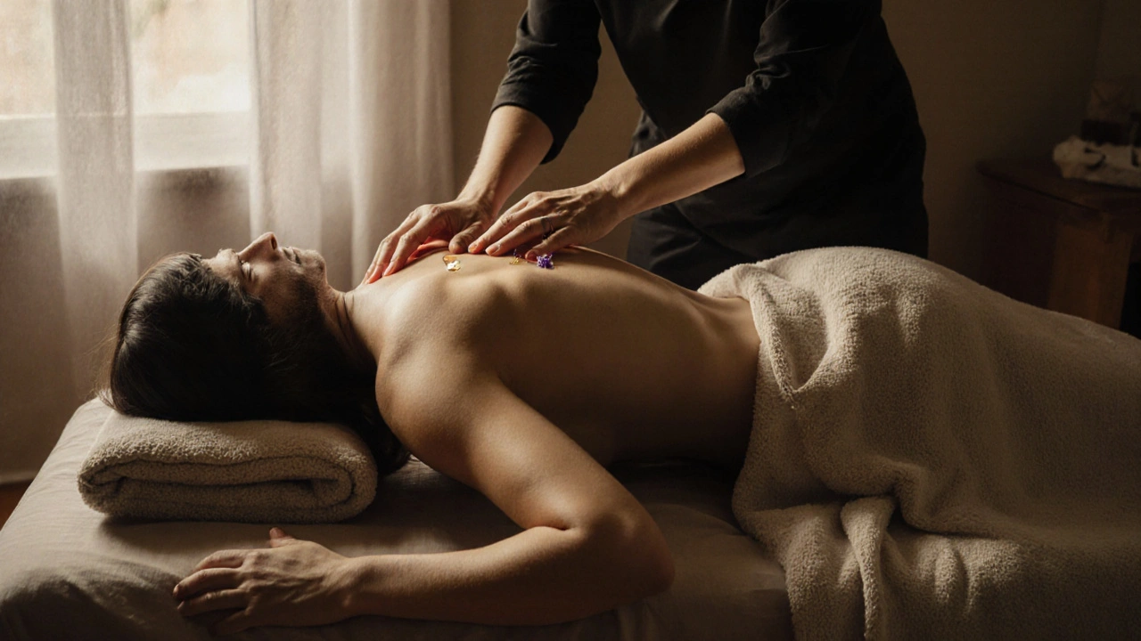 Muž masíruje ženě záda dlouhými pohyby dlaně, teplý ručník na zádech, olej jemně září na kůži.