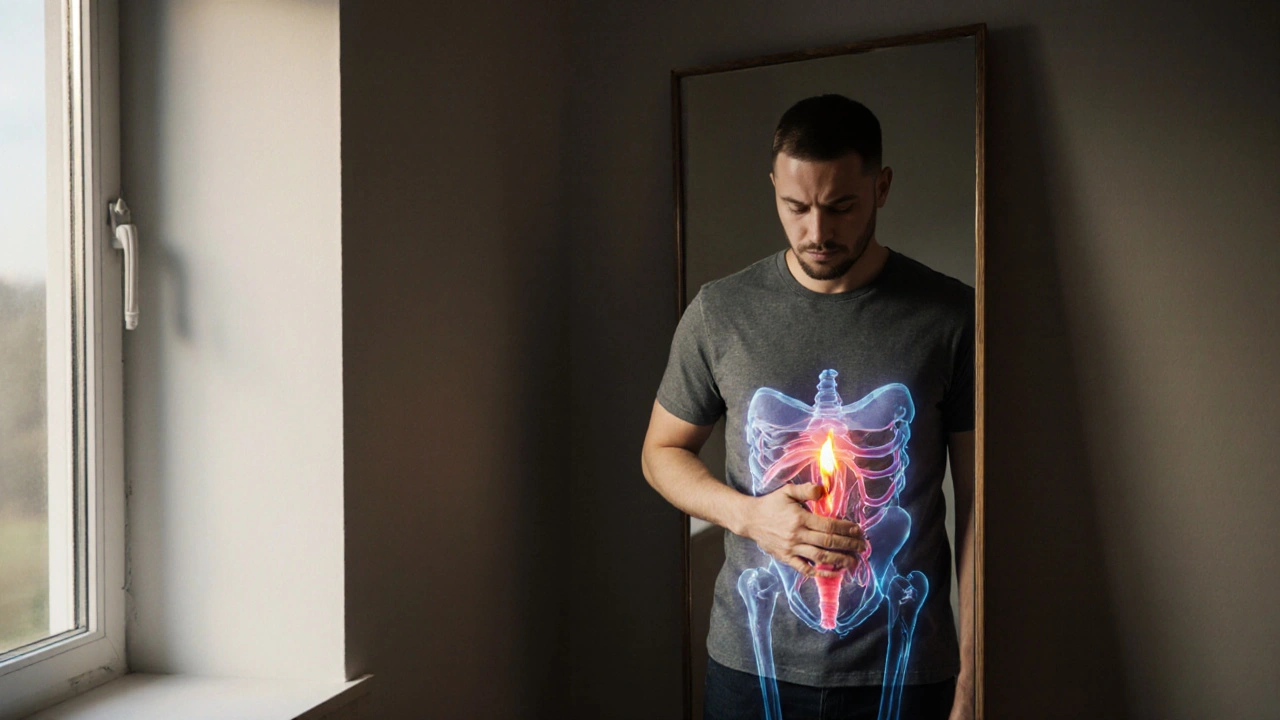 Muž se dívá do zrcadla, jeho ruka na břiše — tělo se znovu spojuje s myslí.