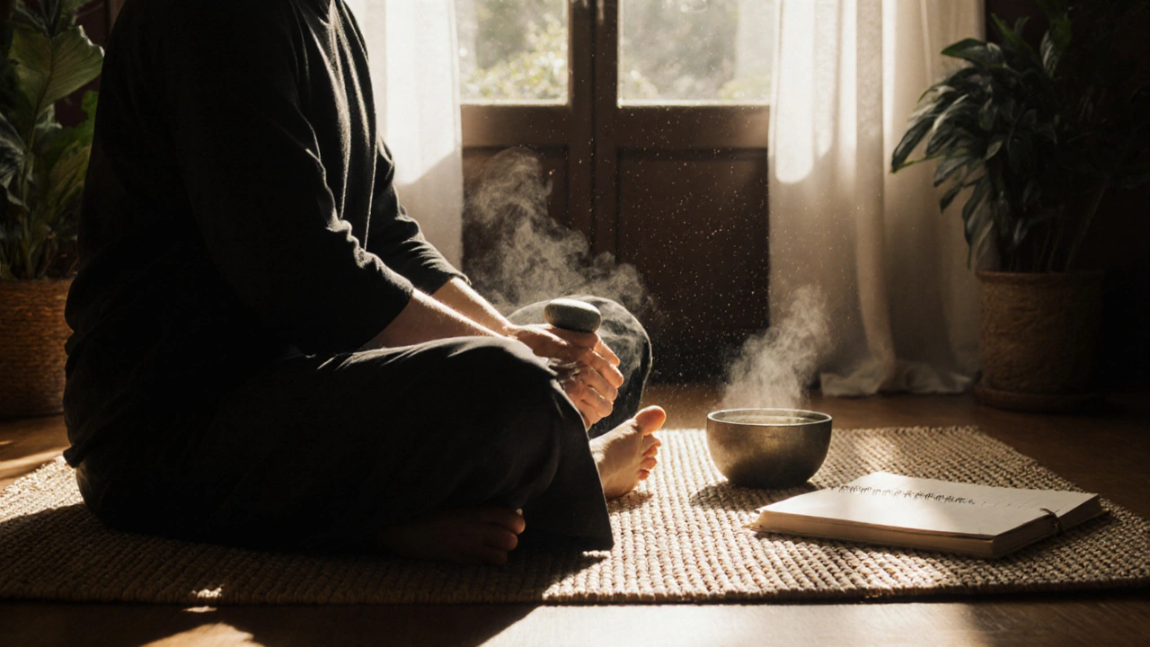 Osobní masáž nohou teplým kamenem v klidném, rostlinami zaplněném prostoru, zaměřená na sebepoznání.