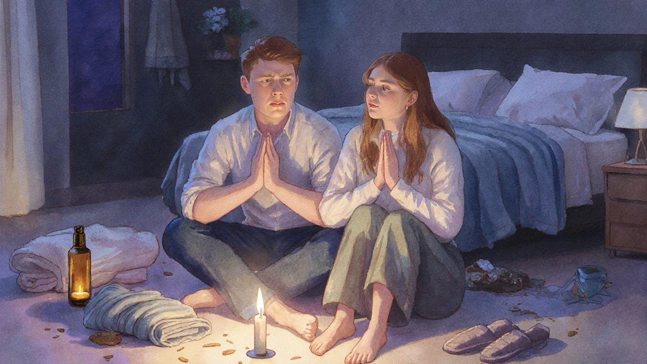 Pár sedí spolu v klidu po masáži, oba se usmívají, oči zavřené, ruce na kolenou v tichém večerním světle.