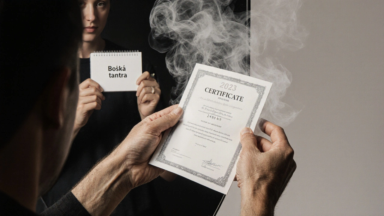 Ruce držící certifikát, který se mění v kouř, zrcadlo odhaluje starší verzi maséra.