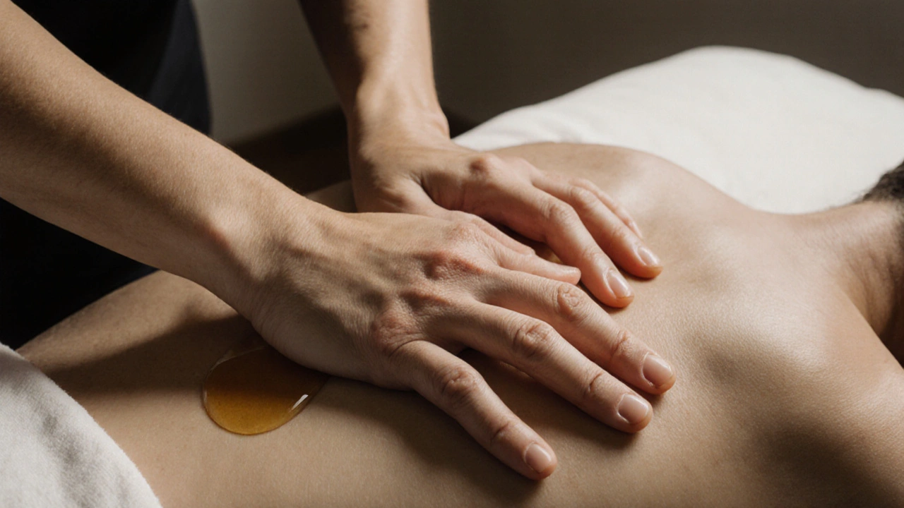 Ruce masérky jemně masírující záda s olejem, v klidném, bezprávém prostředí bez nadbytečných detailů.