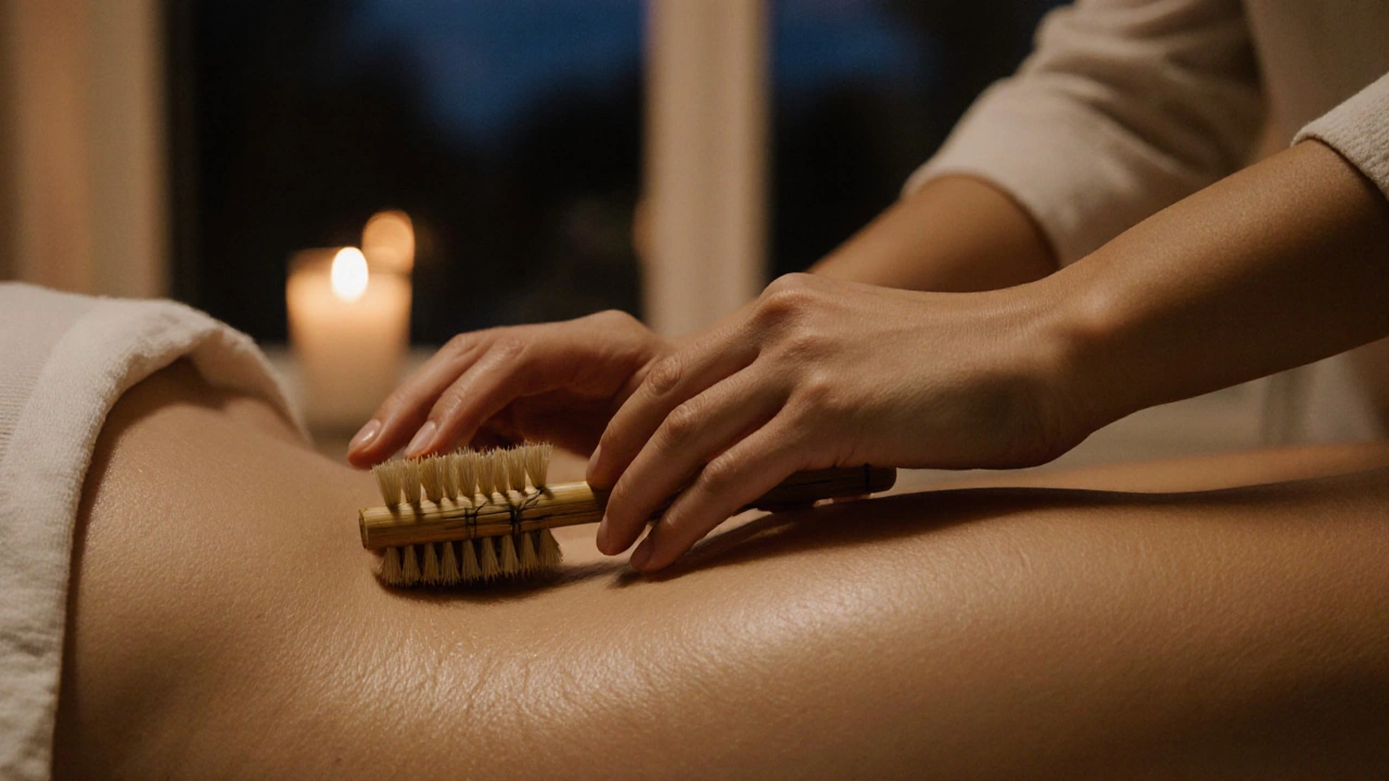 Ruka pomalu posouvá bambusovou masážní tyčinkou po vnitřní straně stehna s jemným leskem oleje.