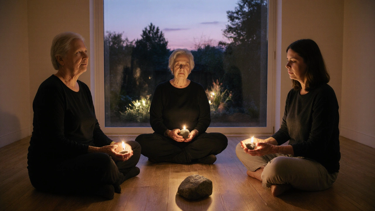 Tři ženy sedí v kruhu v klidném prostoru, drží teplé kameny a uvolňují se.