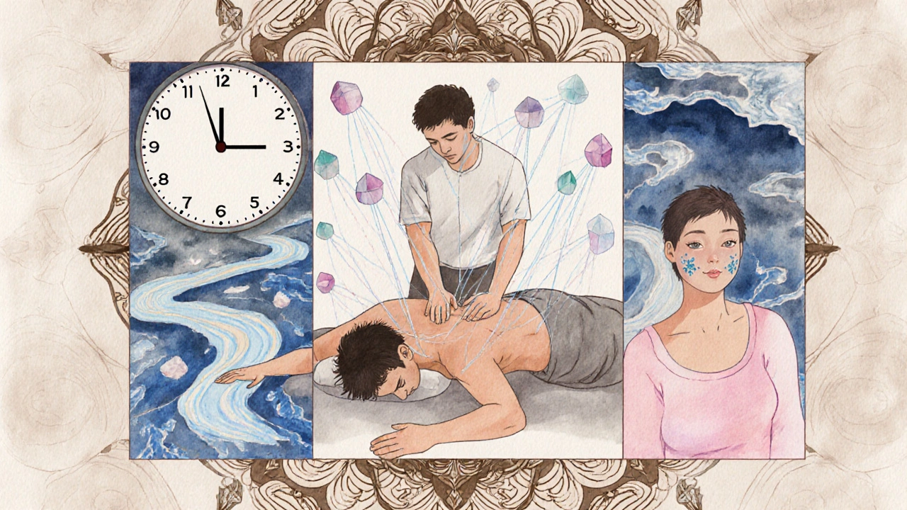 Umělecká ilustrace energie tekoucí mezi masérem a klientem, bloky se mění v proudy.