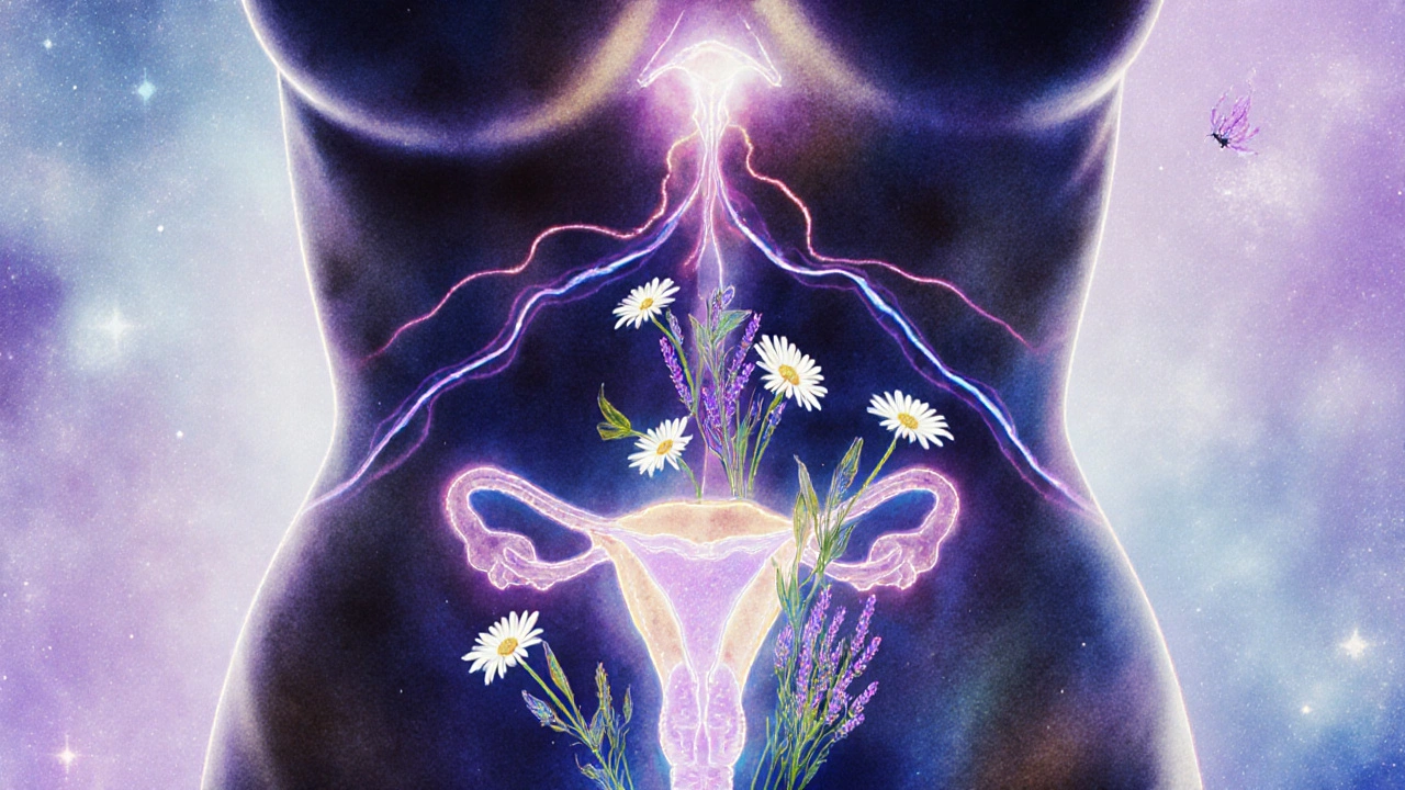 Umělecké znázornění hormonálních spojení mezi dělohou, štítnou žlázou a hypofýzou.