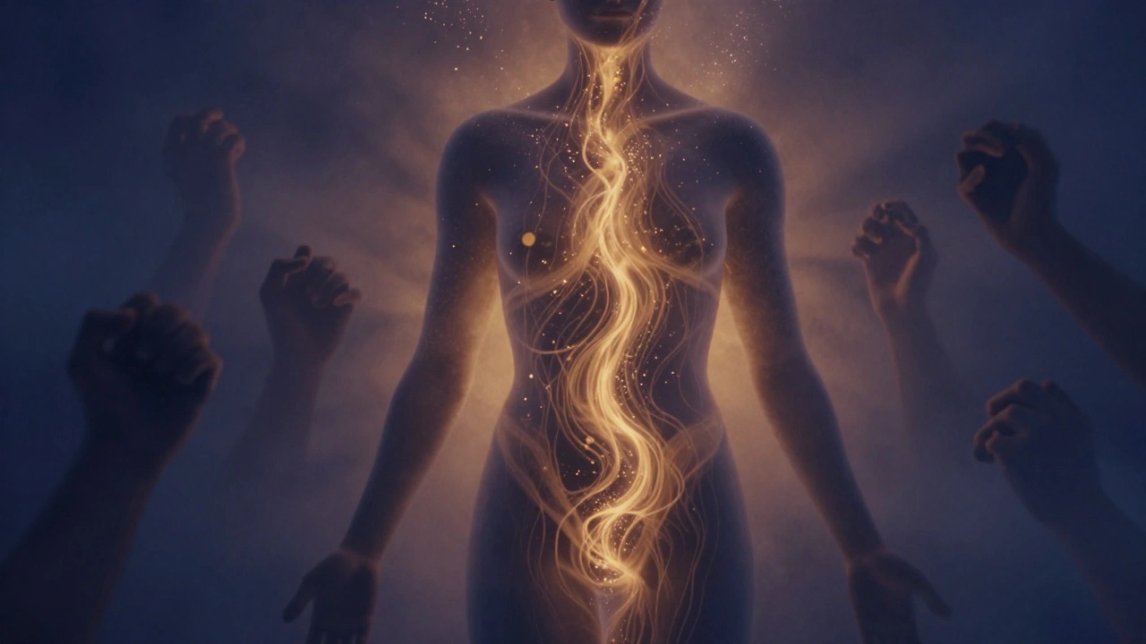 Abstraktní obraz těla, kde napětí mizí v zlatých proudech světla, stres se rozplynuje v mlze.