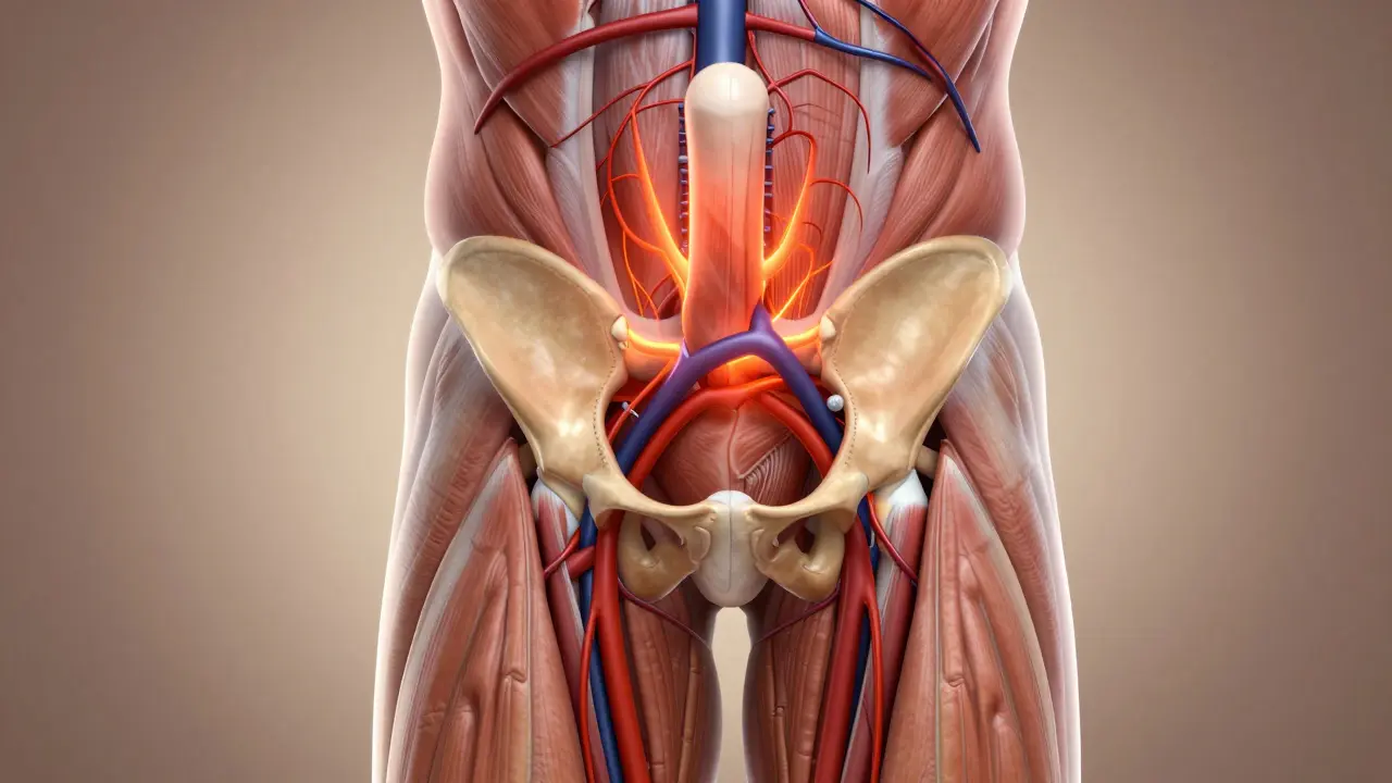 Anatomický náčrt mužské pánve s zvýšeným krevním oběhem v oblasti lingamu a uvolněnými svaly pánvičního dna.
