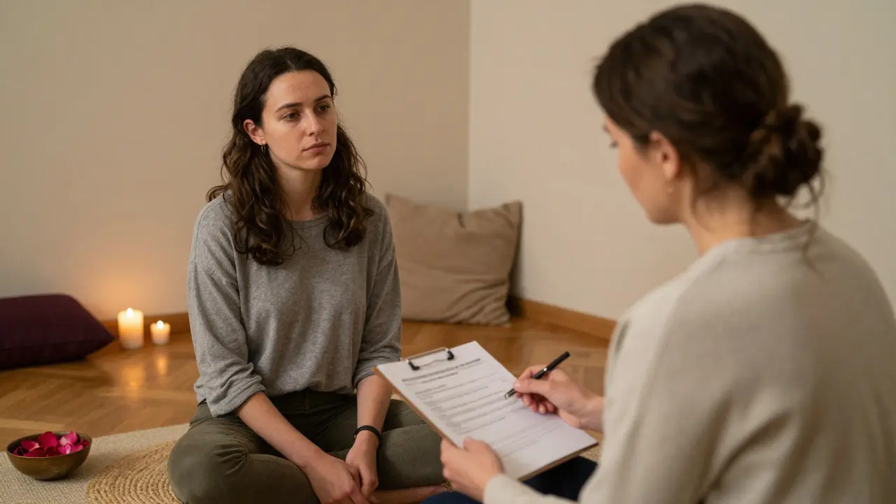 Certifikovaný terapeut a žena spolu procházejí seznam souhlasů v klidné terapeutické místnosti.