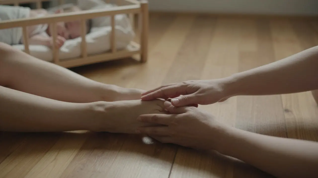 Dvě ruce se jemně dotýkají na podlaze doma, zatímco dítě spí v kočárku poblíž.