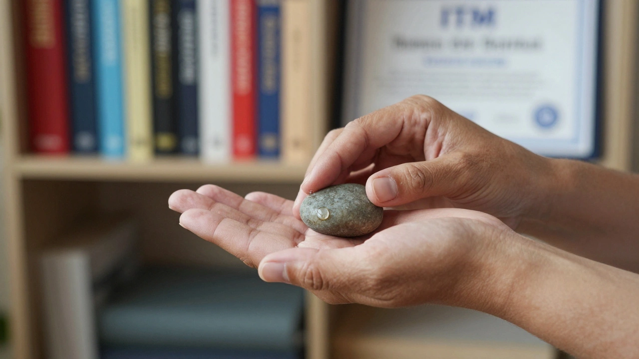 Dvě ruce: terapeuta a klientky, jedna drží kámen, druhá ho klidně přijímá — symbol souhlasu a tělesného spojení.