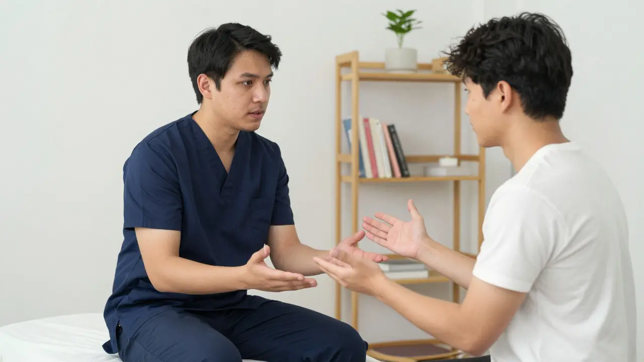 Masér a klient se během předmasážní konverzace hledí do očí v klidném prostředí.