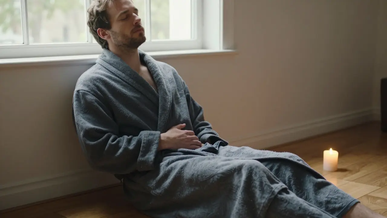 Muž po masáži sedí v klidu, zabalene do plátna, s očima zavřenýma, v teplém světle z okna.