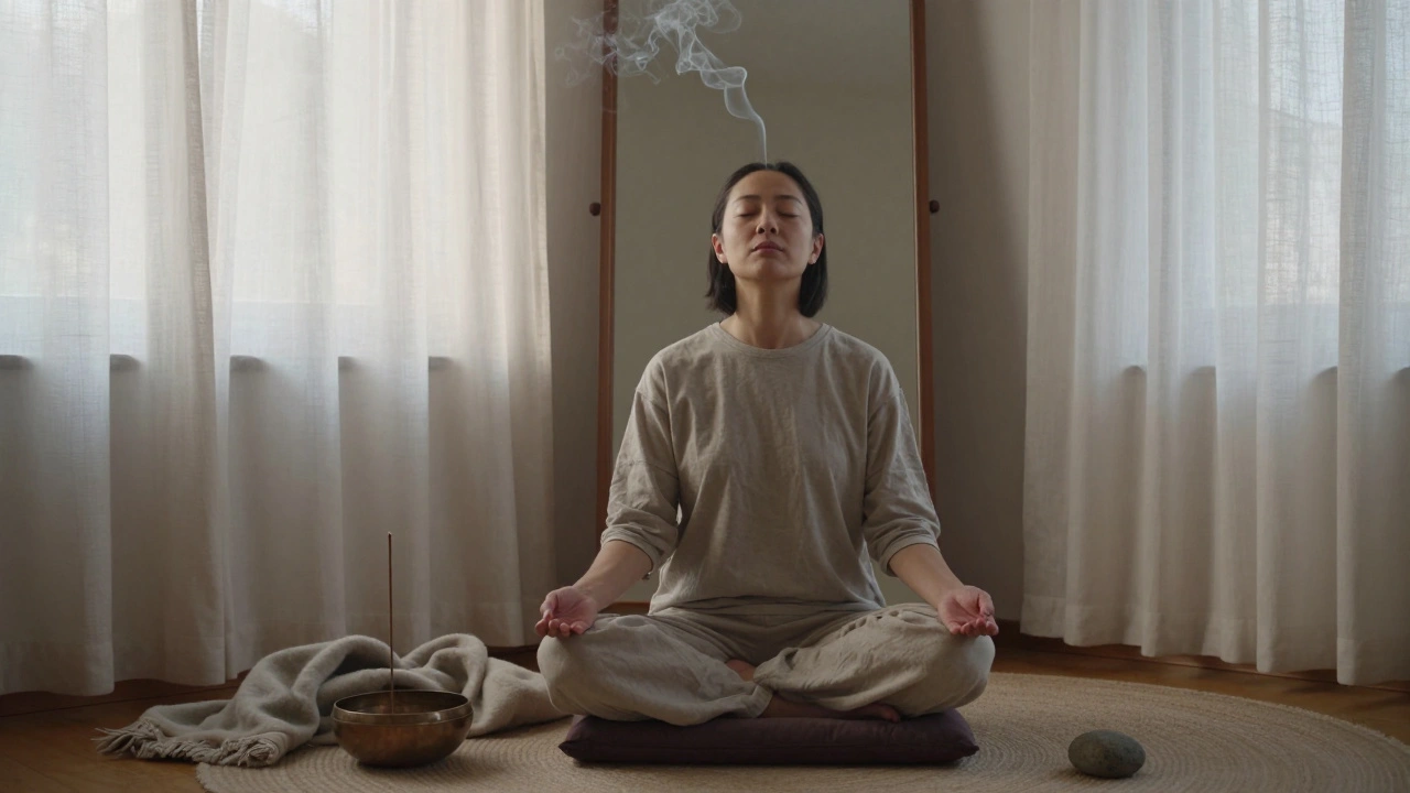 Osoba sedí v meditaci na podložce, zrcadlo za ní odrazuje prázdný prostor, kouř z kadidla se vznáší v ranním světle.