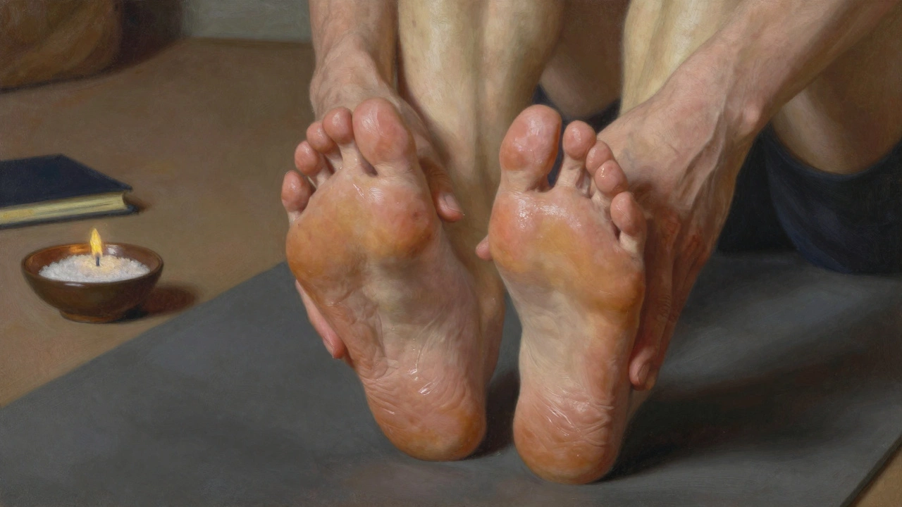 Ruce jemně dotýkají pohmožděných nohou pod světlem svíčky, olej leskne kůži, pozadí je rozmazané.