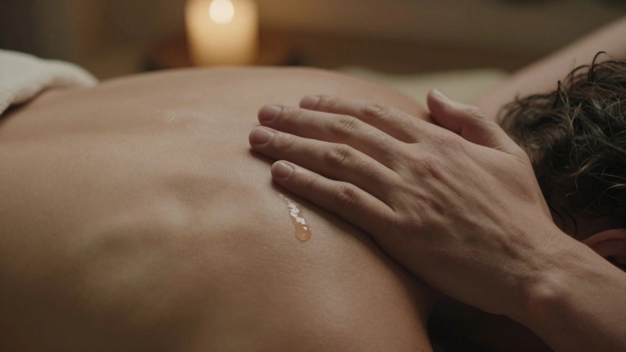 Ruce maséře jemně dotýkají záda a krku příjemce, na tváři se leskne jedna slza.