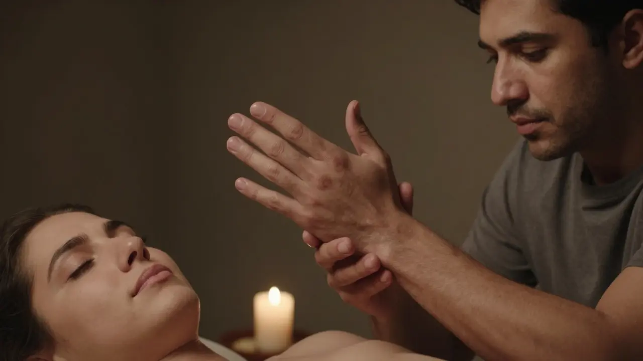 Ruka zastavuje masáž — symbolický okamžik, kdy klient vyjádří svou hranici.