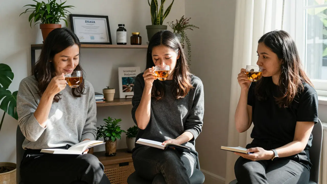 Tři ženy spolu v klidné místnosti pijí bylinný čaj a vedou deníky, symbolizují integraci a uzdravení.