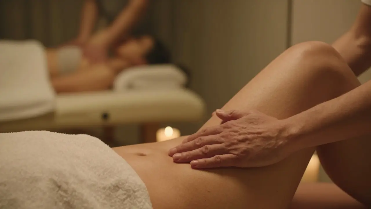 Žena si jemně přiloží ruku k břichu, v zrcadle se odráží moment jemného doteku v terapeutickém sezení.