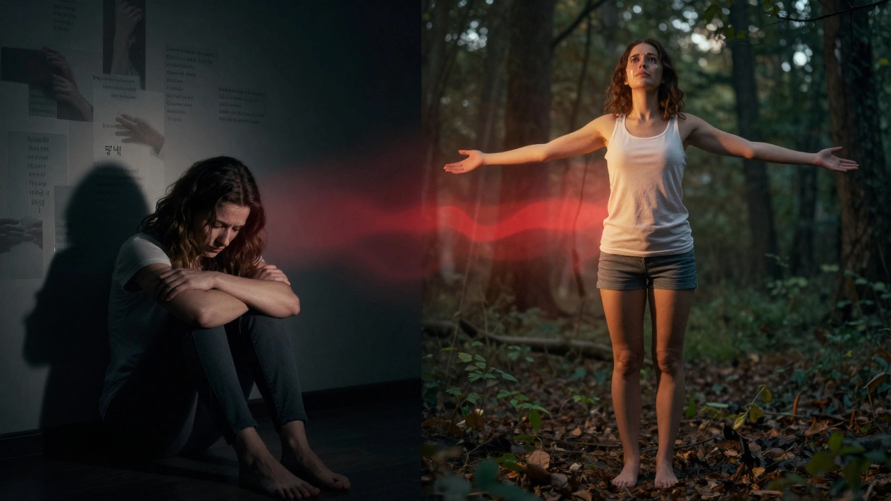 Žena v temné místnosti vs. žena v přírodě na východu slunce — přechod od trauma k tělesnému klidu.