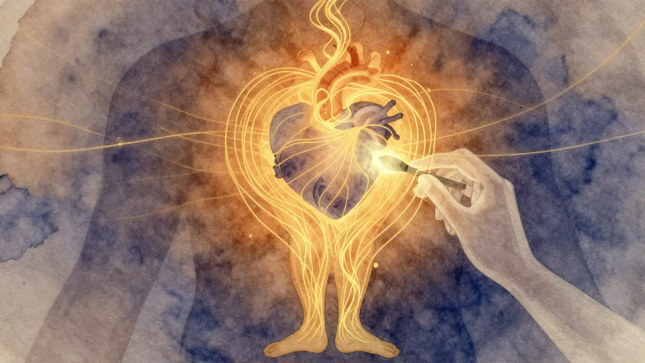 Abstraktní znázornění energetických toků tělem v teplých zlatých a tmavých odstínech, symbolizujících uvolňování bloků.