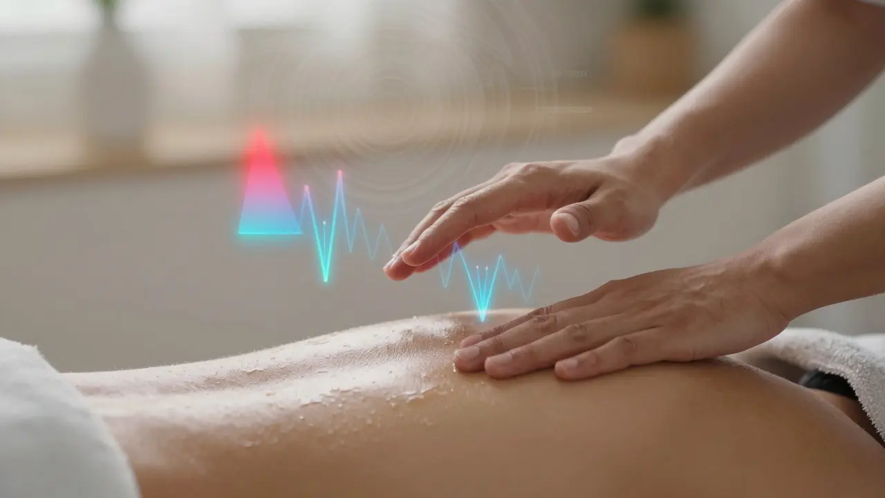 Blízký pohled na ruce maséra a klienta, které se nedotýkají, ale jsou spojeny jemnými světelnými signály, které představují biometrickou zpětnou vazbu.