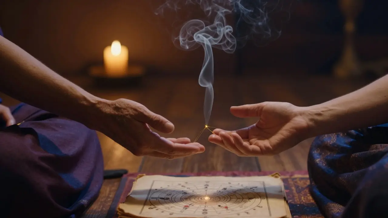 Dvě ruce se spojují v tichosti, mezi nimi září jemné světlo, které se mění v kouř z kadidla.