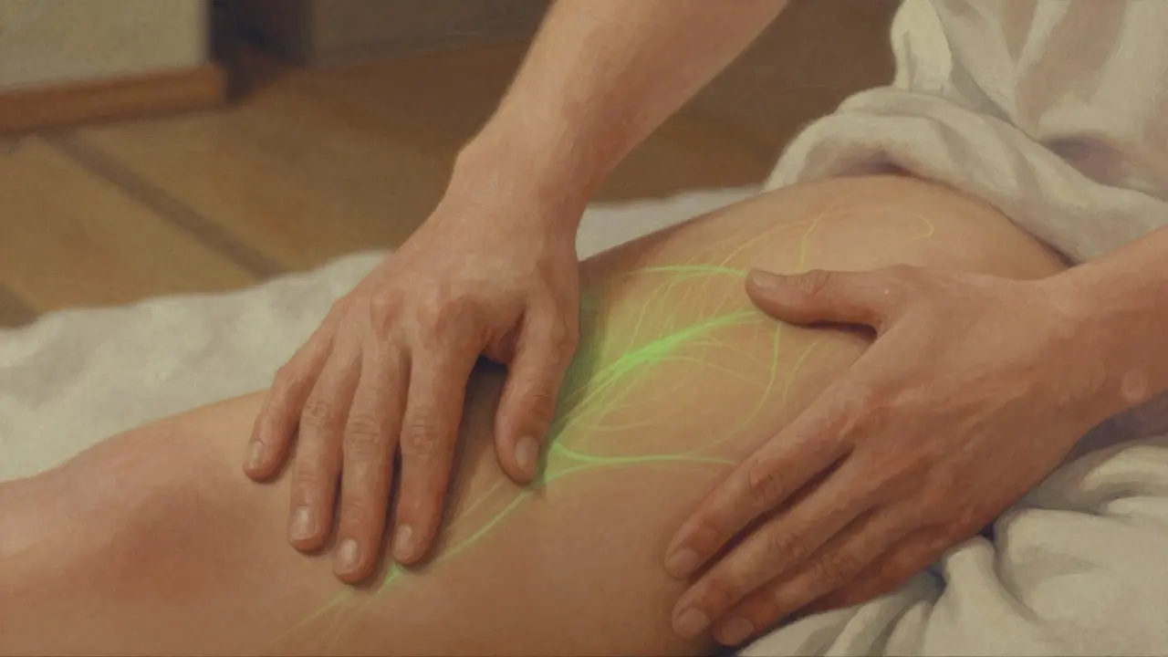 Dvě ruce v kontaktu na těle, jemné energie v teplých tónech proudí mezi doteky.