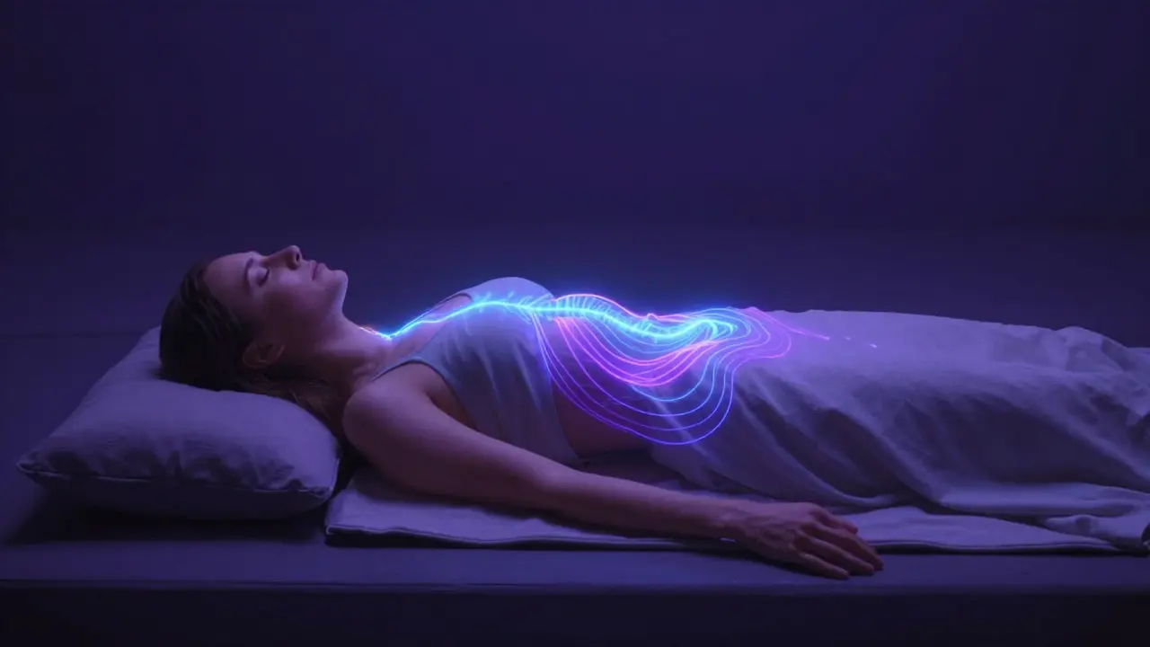 Energetická cesta světla probíhá po těle ženy od pánve po hlavu a zpět.