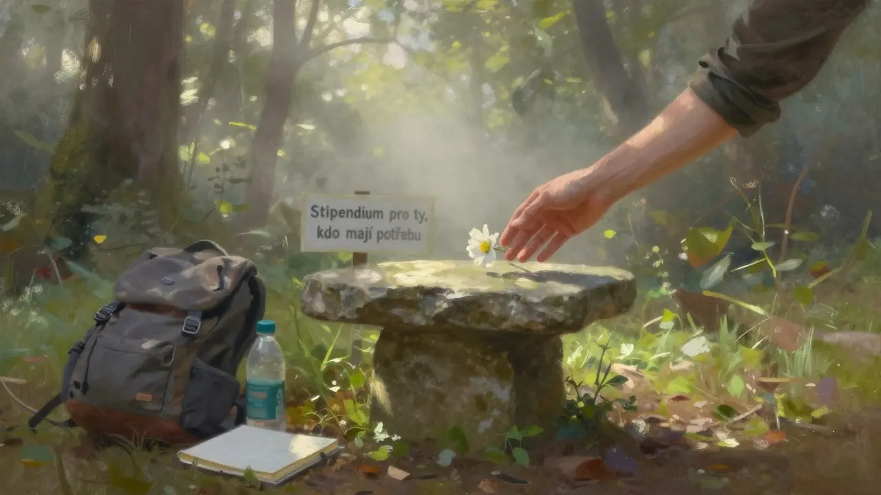 Květina položená na kamenném oltáři v lese s nápisem o stipendiu.