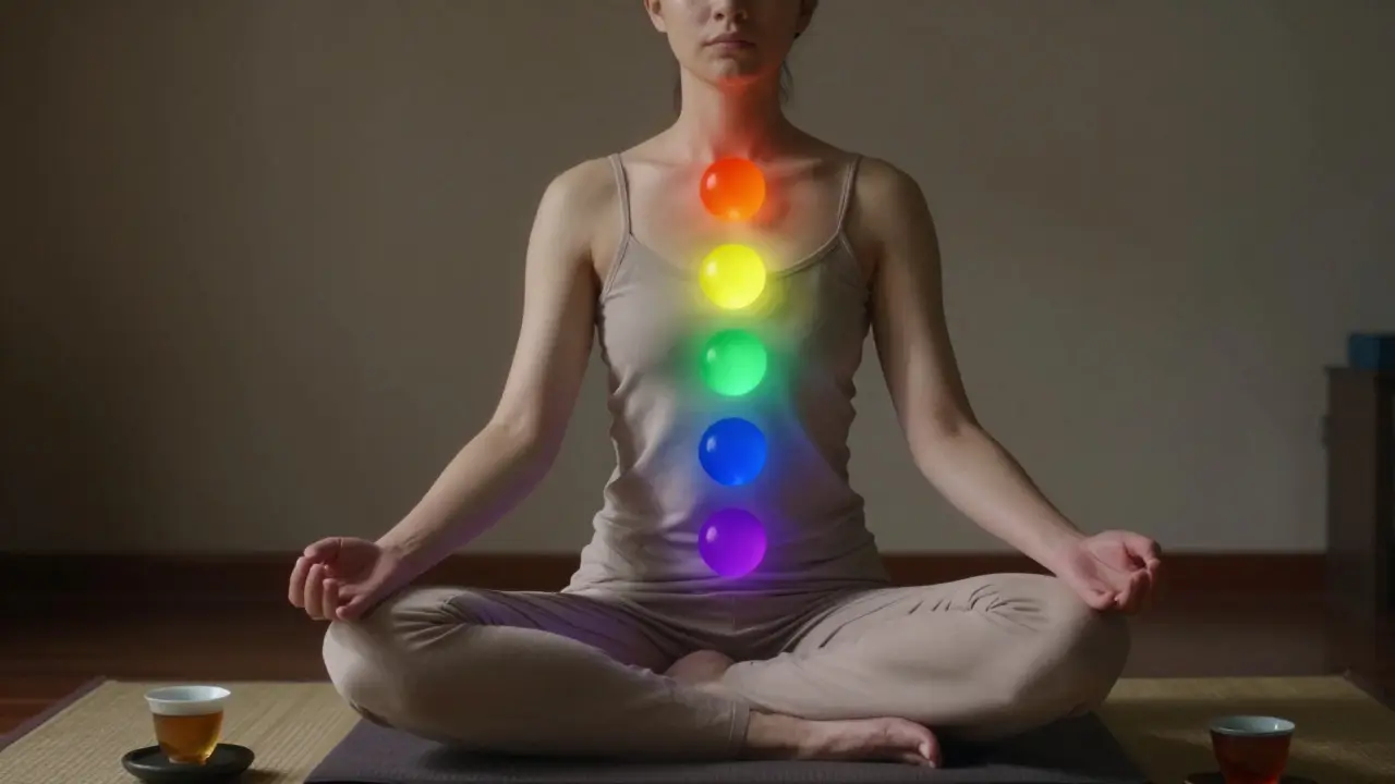 Osoba meditující s sedmi barevnými koulemi podél páteře, symbolizující čakry, v klidném prostředí.