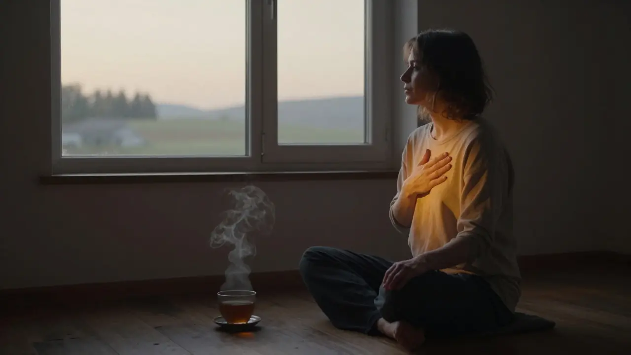 Osoba po masáži sedí u okna v klidné místnosti, ruka na srdci, ranní světlo a káva na stole.