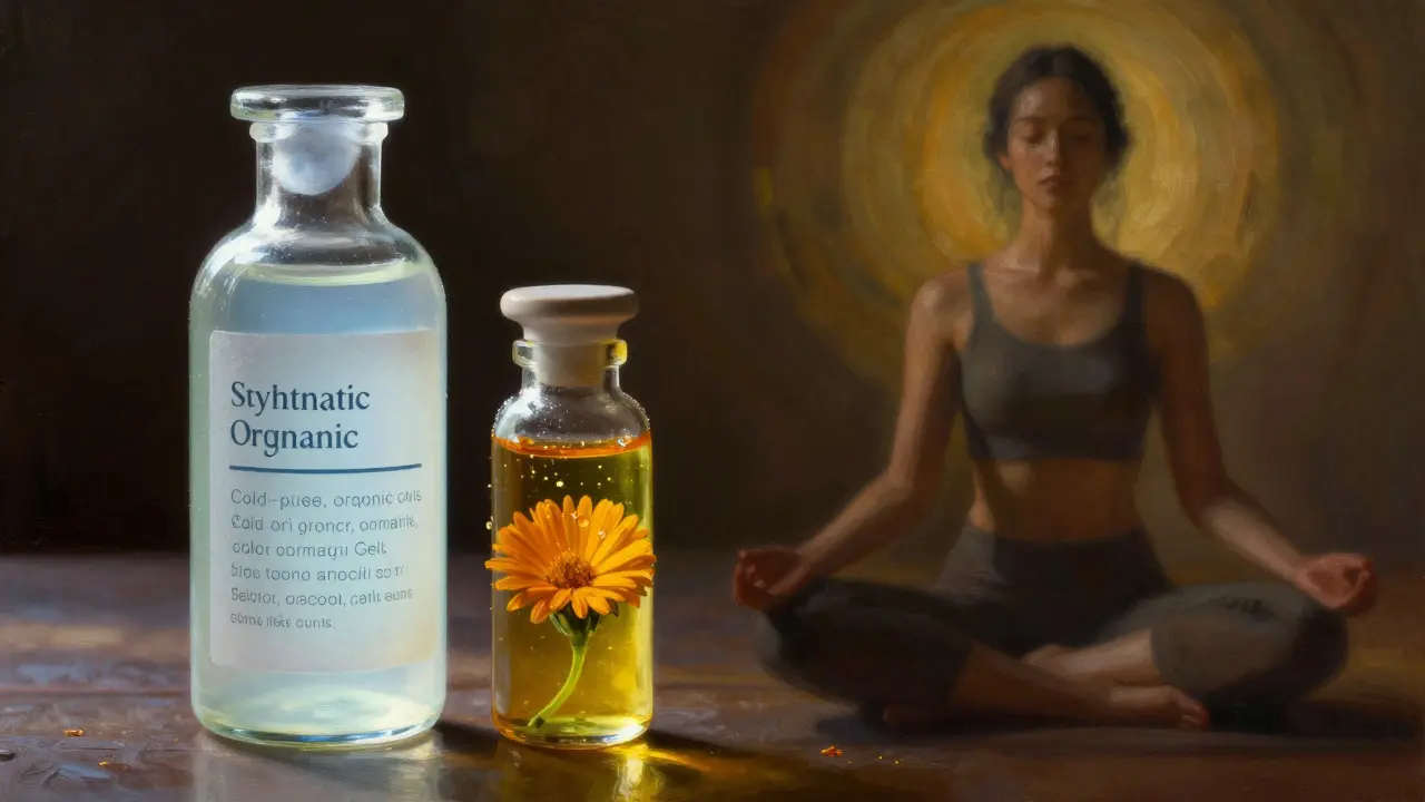 Porovnání syntetického gelu a přírodních olejů v přirozeném osvětlení.