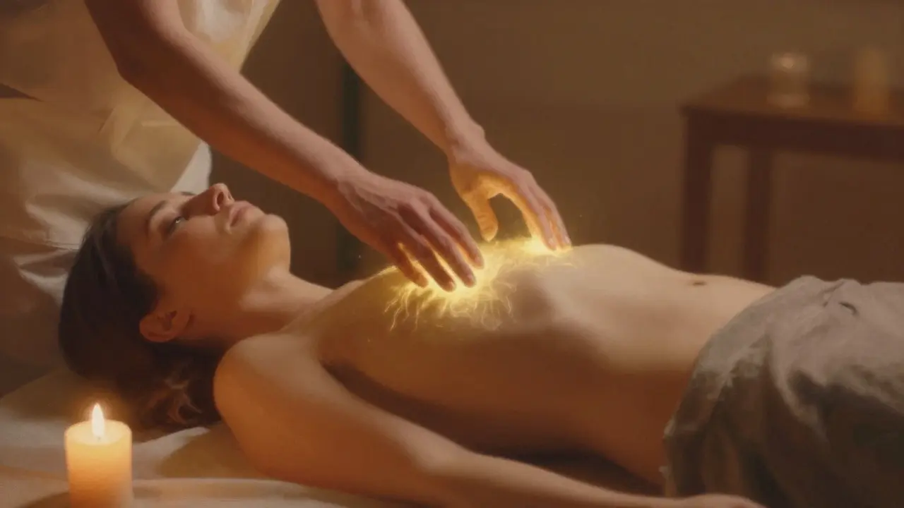 Ruce masérky visí nad břichem klienta, vytvářejíce neviditelné energie, teplé odstíny a svíčka v pozadí.