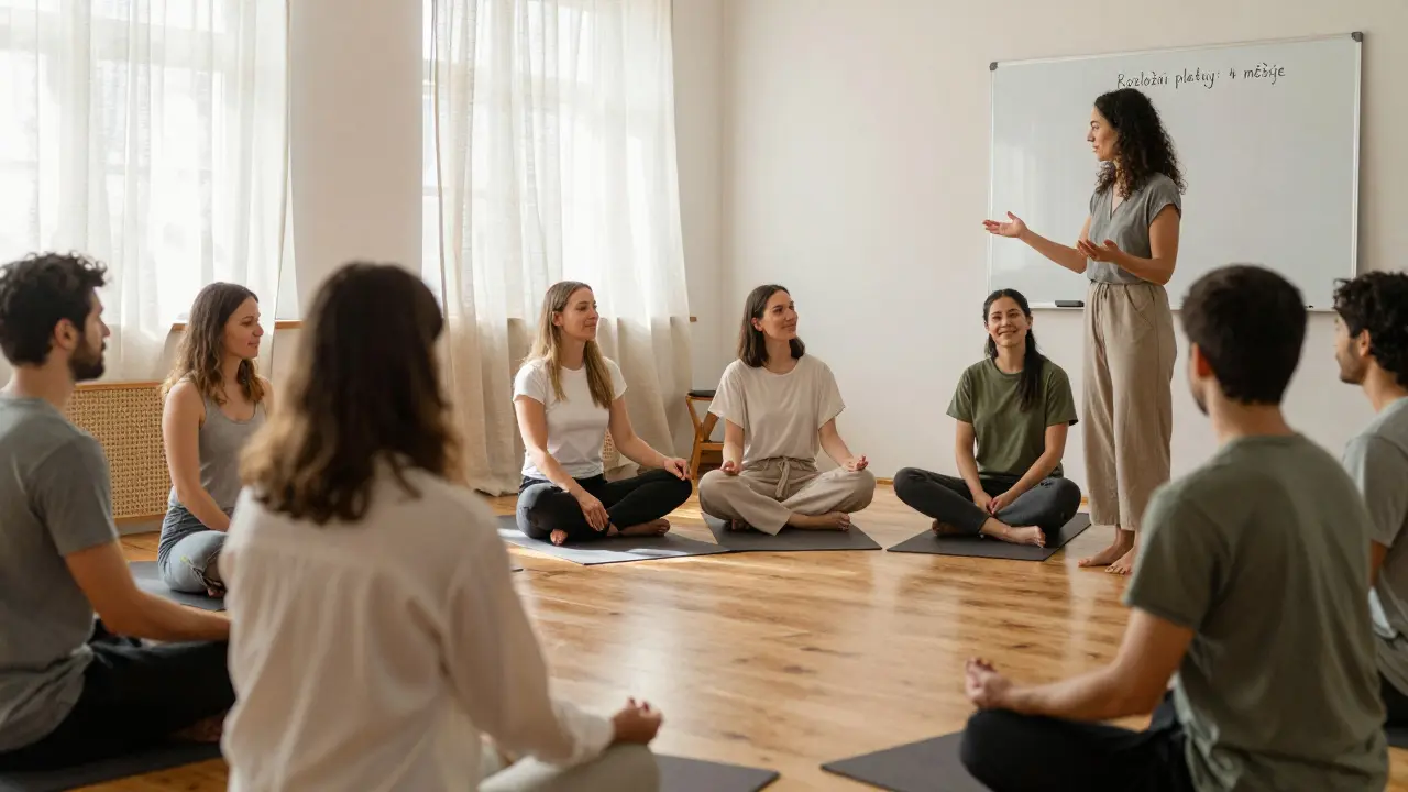 Skupina lidí se účastní tantra kurzu v klidném, osvěženém prostředí.
