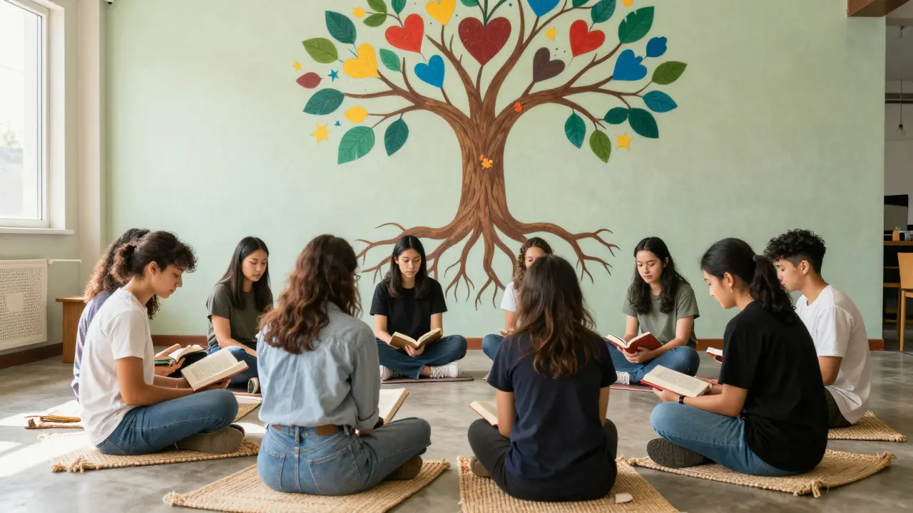 Skupina mladých lidí sedí v kruhu v osvěženém prostoru, někteří čtou, jiní se dotýkají — na zdi je nástěnná malba stromu s kmenem tvaru těla.