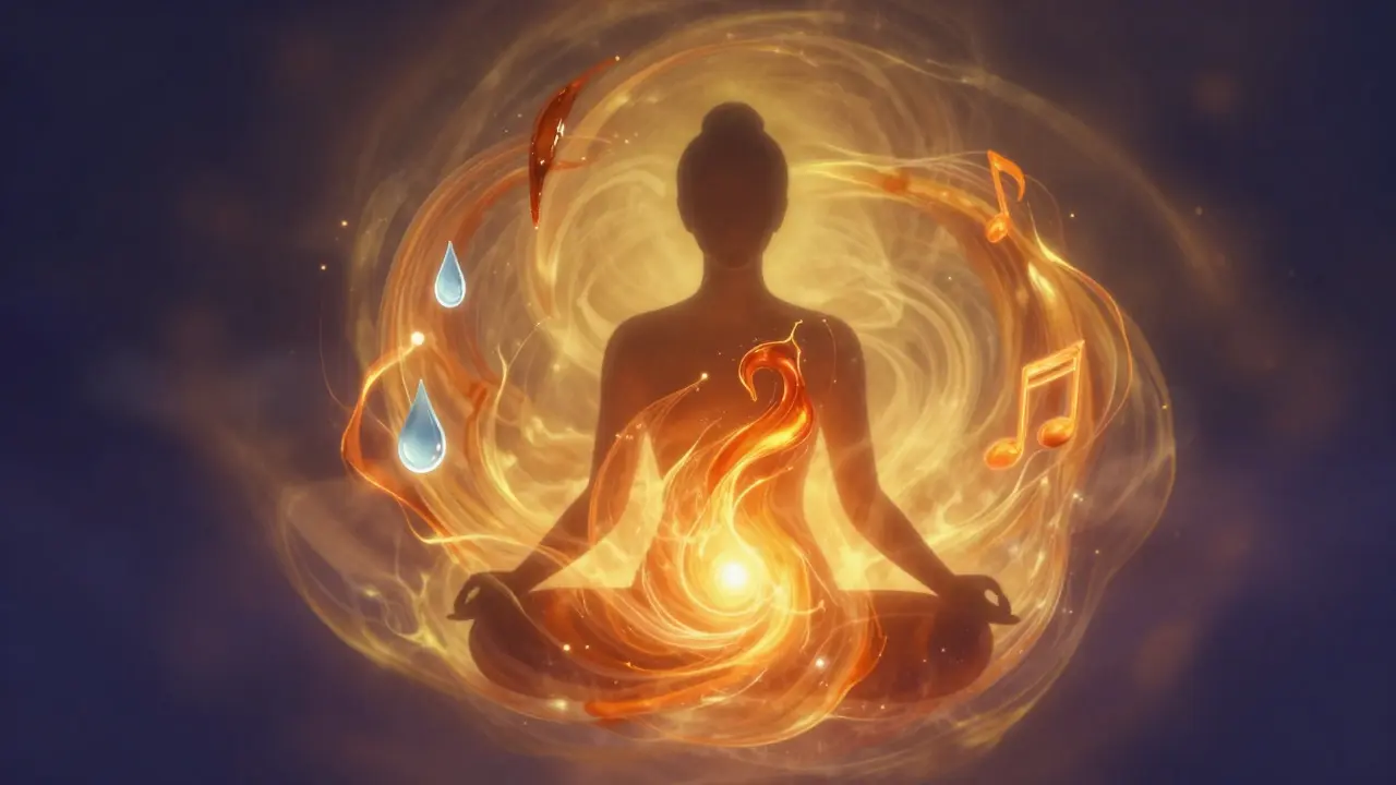 Symbolická vodní vřeštivá energie vycházející z břicha, doprovázená kresbou, notou a kapkou vody.