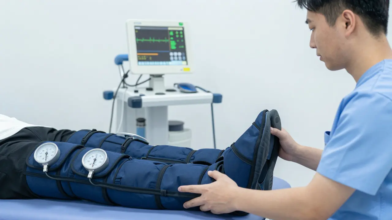 Fyzioterapeut používá kompresní boty na nohy sportovce.