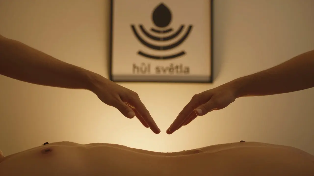 Ruce se nepřiblíží ke kontaktu — prostor mezi nimi je plný světla, na pozadí je jemně viditelný sanskrtský symbol Lingamu.