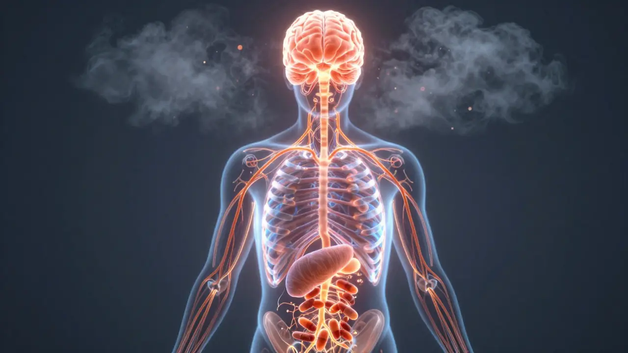  schematic zobrazení těla s aktivovanými nervovými cestami a světélkujícími hormonálními centry.