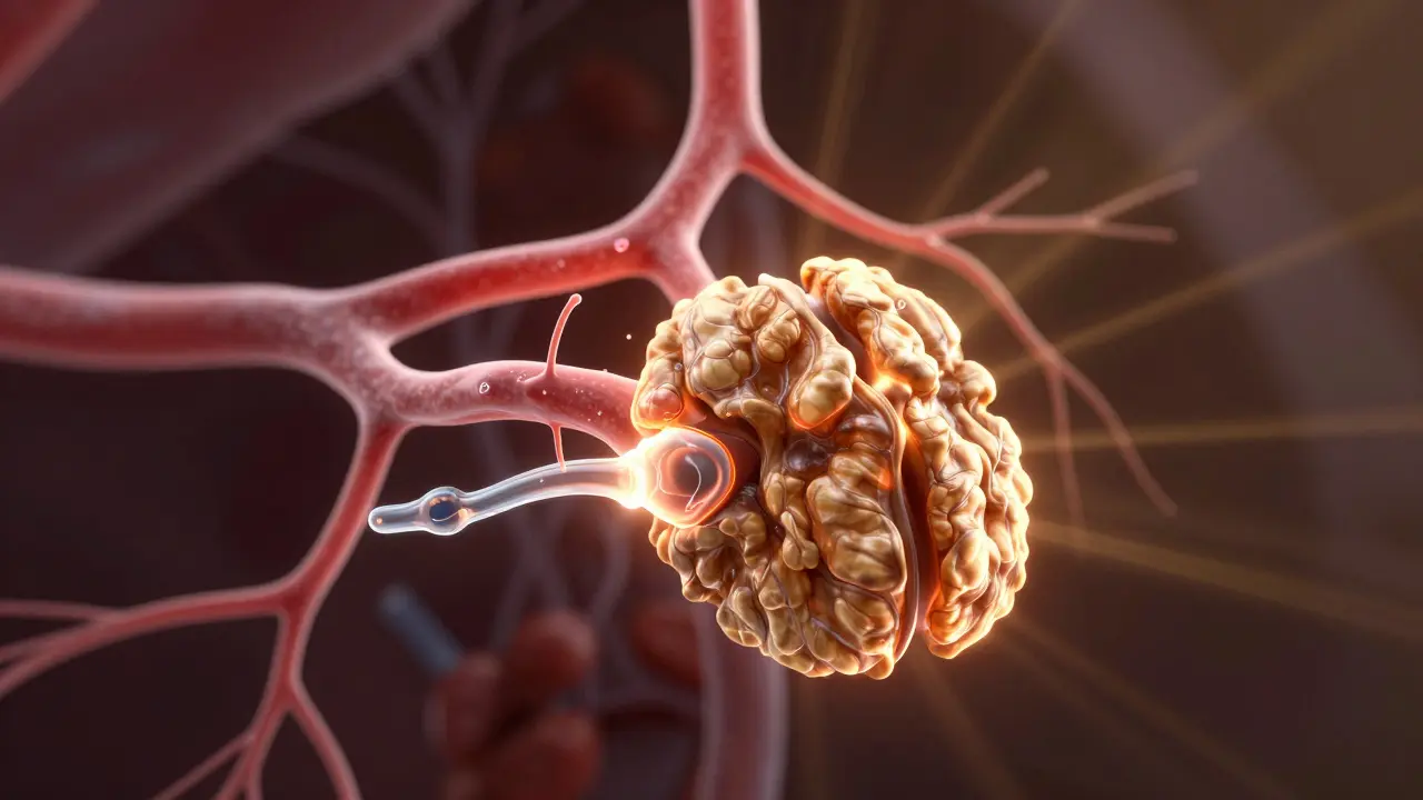 Abstract representation of prostate gland with glowing blood flow and fluid drainage.