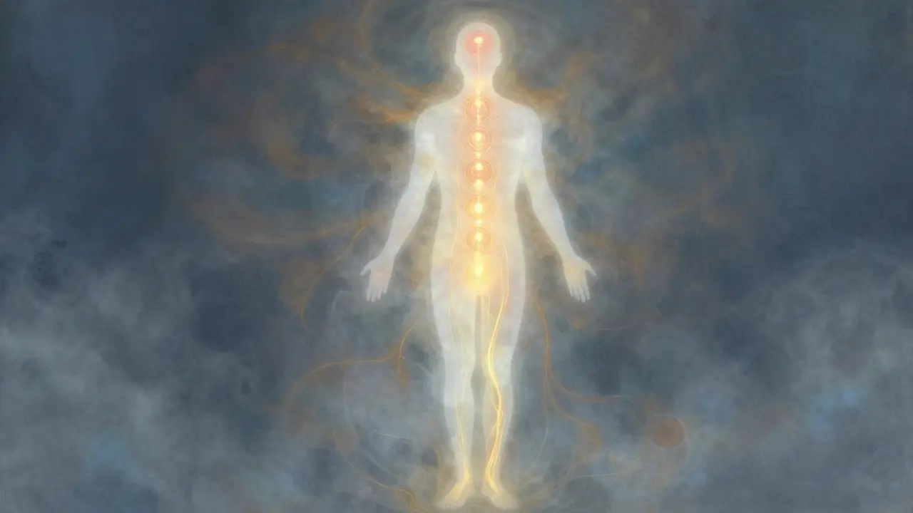 Abstraktní obrázek lidského těla s osmi světelnými energetickými středisky, symbolizující vnitřní přeměnu.